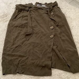 HYFVE Olive Green Paperbag Waist Midi Skirt with Button Front